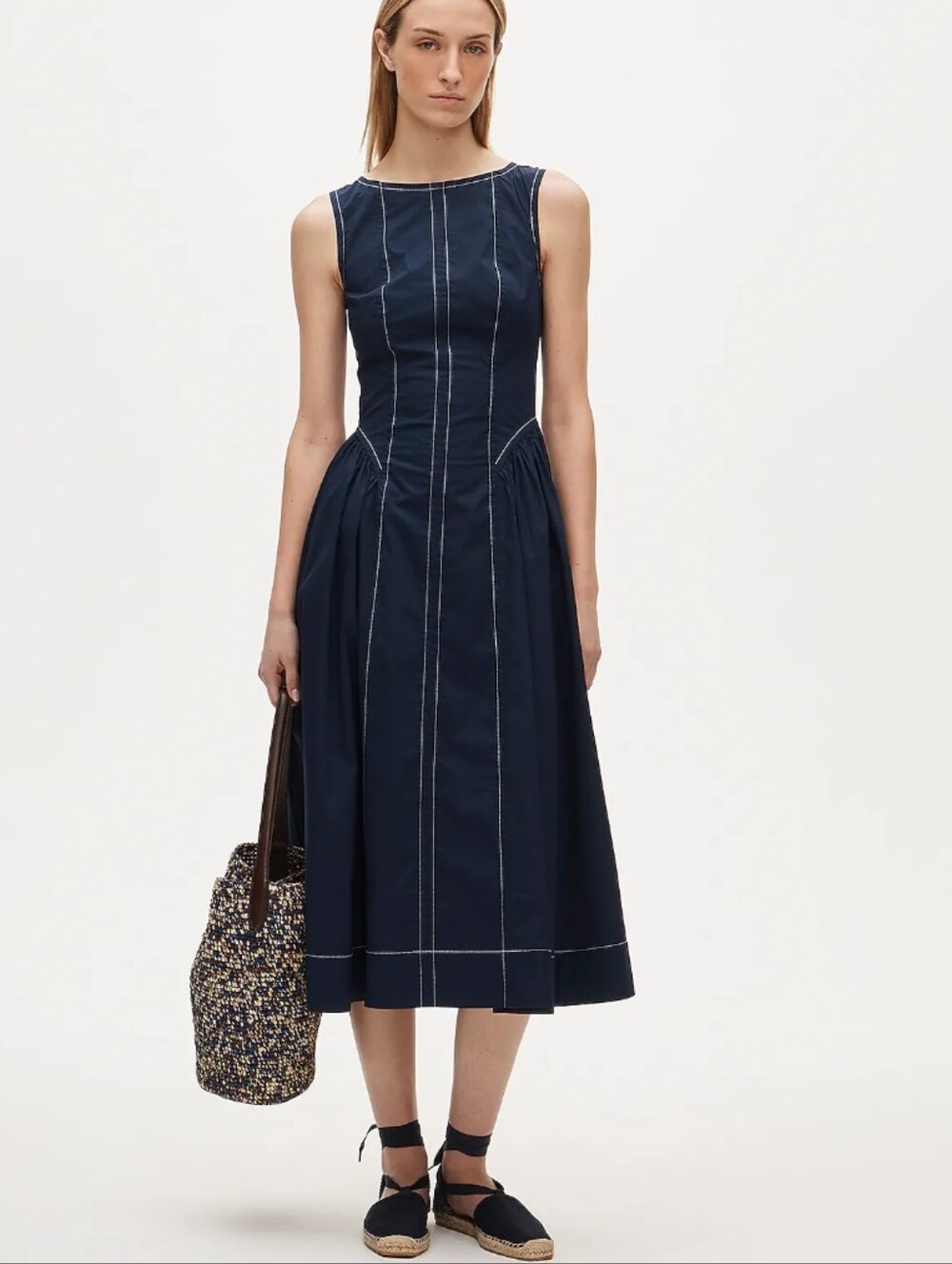 J Crew Contrast-stitch midi dress in cotton-blend poplin CU793 Size 8